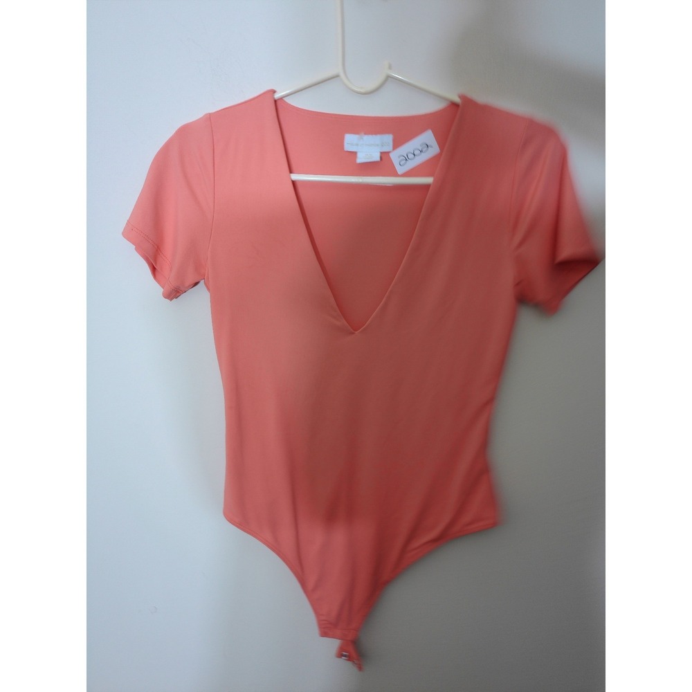 House of Harlow 1960 Bodysuit Women Medium Coral Pink Deep V-Neck Short Sleeve